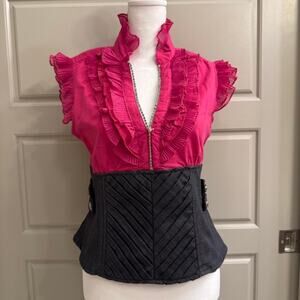 Y2k Pink & Grey Fitted Ruffle Blouse